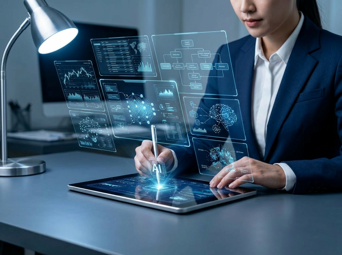 Advisor working with data on tablet